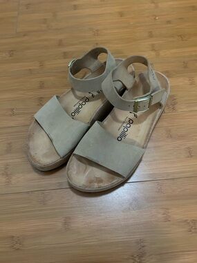 Papillio Lightweight Platform Sandals in Taupe Leather with Gold Buckle